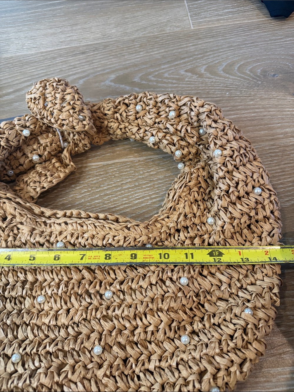 Haute Hippie Hand Bag Faux Pearls Natural Beige Straw Crescent Hobo Boho Coastal - Picture 8 of 9
